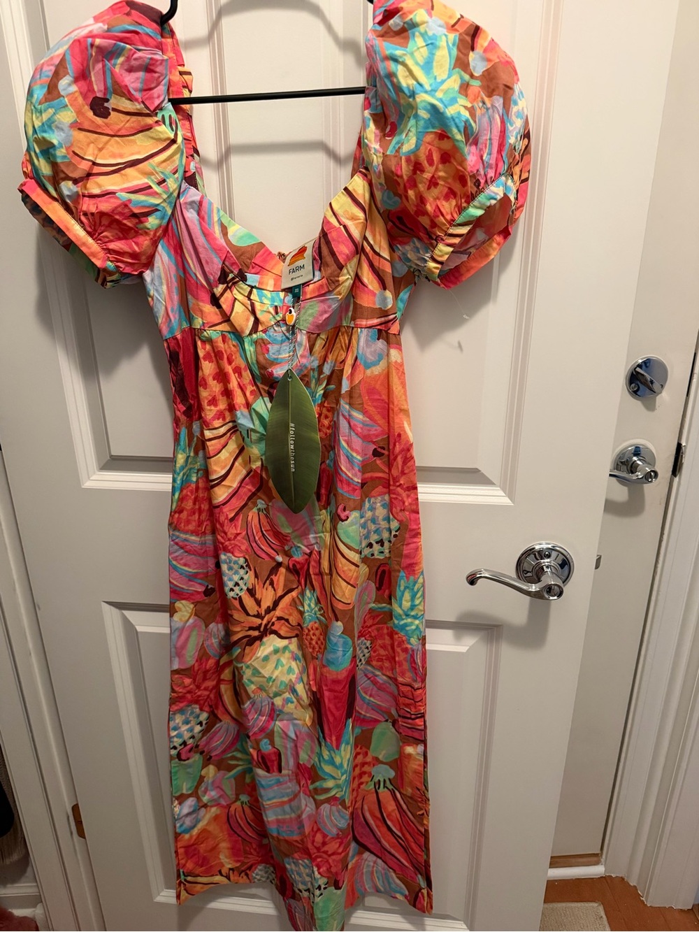 FARM Rio Multicolor Tropical Puff-Sleeve Midi Dress